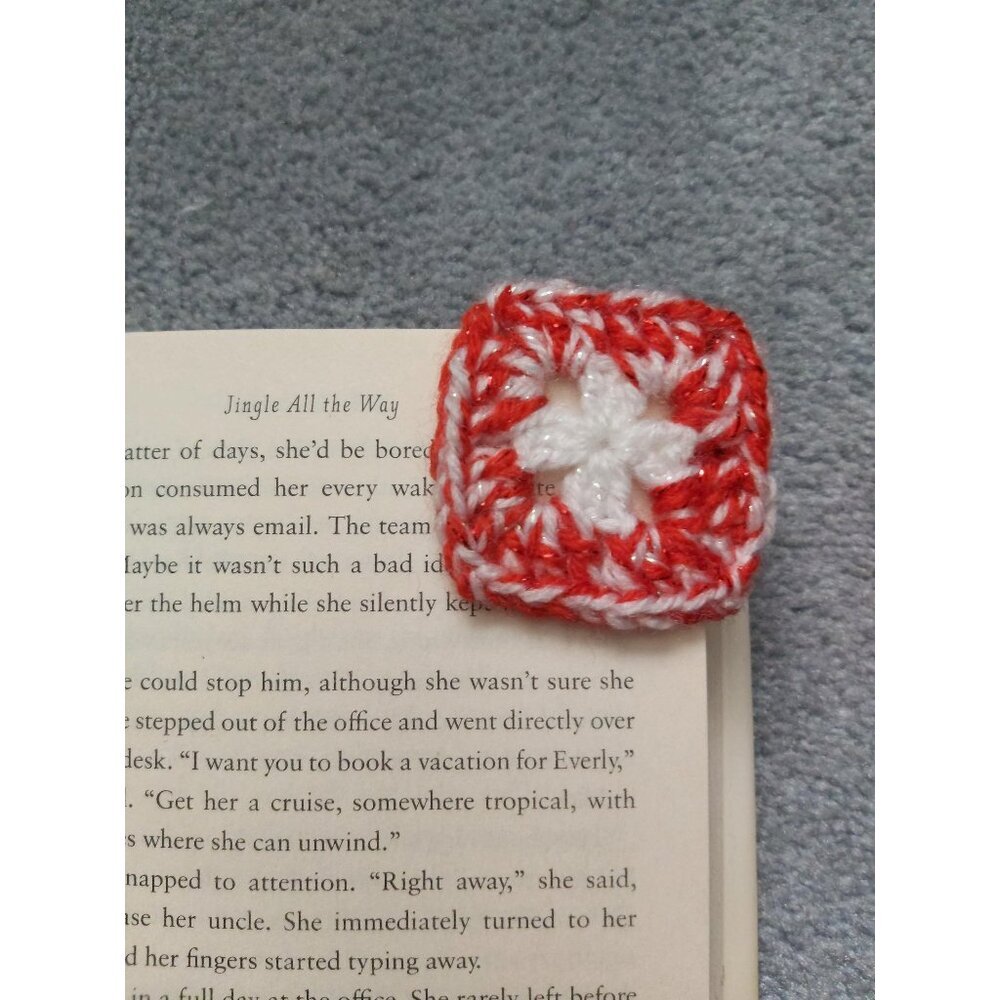Red White Green Crochet Granny Square Pocket Bookmark • Raw Edge Corner Marker